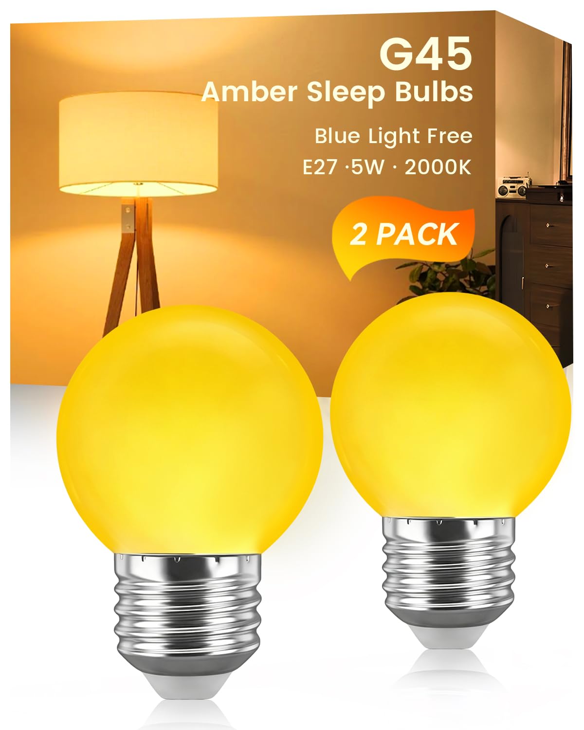 Luxvista E27 Screw Night Light Bulb 2000K,G45 LED Large Screw Orange Light Bulbs,Blue Light Blocking Sleep Warm Light, 5W Low Watt Non-Dimmable for Bedroom Nursery(AC100-240V,223lm)
