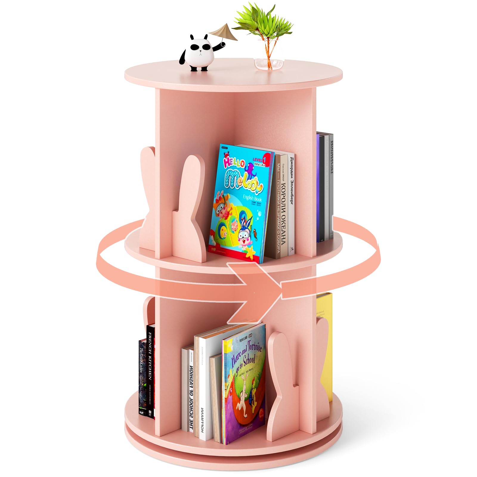 Costzon Kids Rotating Bookshelf, 360° Display Spinning Bookcase with Bookends, 3 Tier Floor Standing Book Tower Storage Rack, Corner Bookshelf for Small Space, Kids Room, Bedroom, Nursery (Pink)