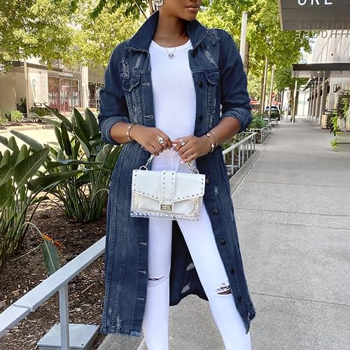 BORAMAX Women's Fashion Ripped Holes Maxi Long Denim Jacket Trench Coat Retro Blue Jackets Lapel Button Oversized Trench Coat2