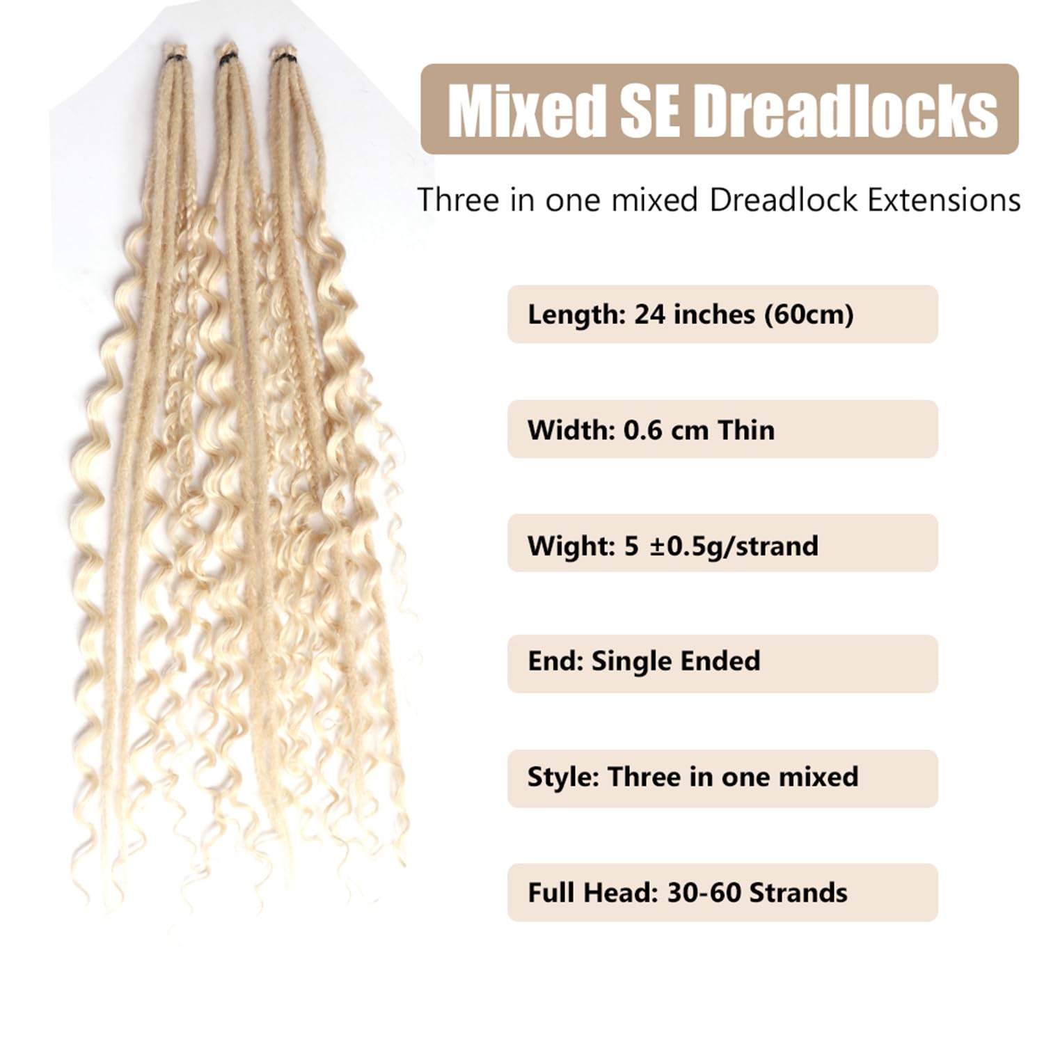 24 Inch Synthetic Dreadlock Extensions Hippie Single Ended Dreads 0.6 cm Width Loc Extensions Reggae Style Crochet Hair for Women (613# - Image 2