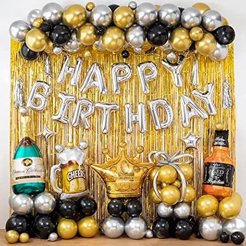 Gold Silver and Black Birthday Decorations Background&Balloons Arch Garland Kit,Crown ,HAPPY BIRTHDAY Banner,Gold Curtains,Balloon gift box,for Men and Women Birthday Cover