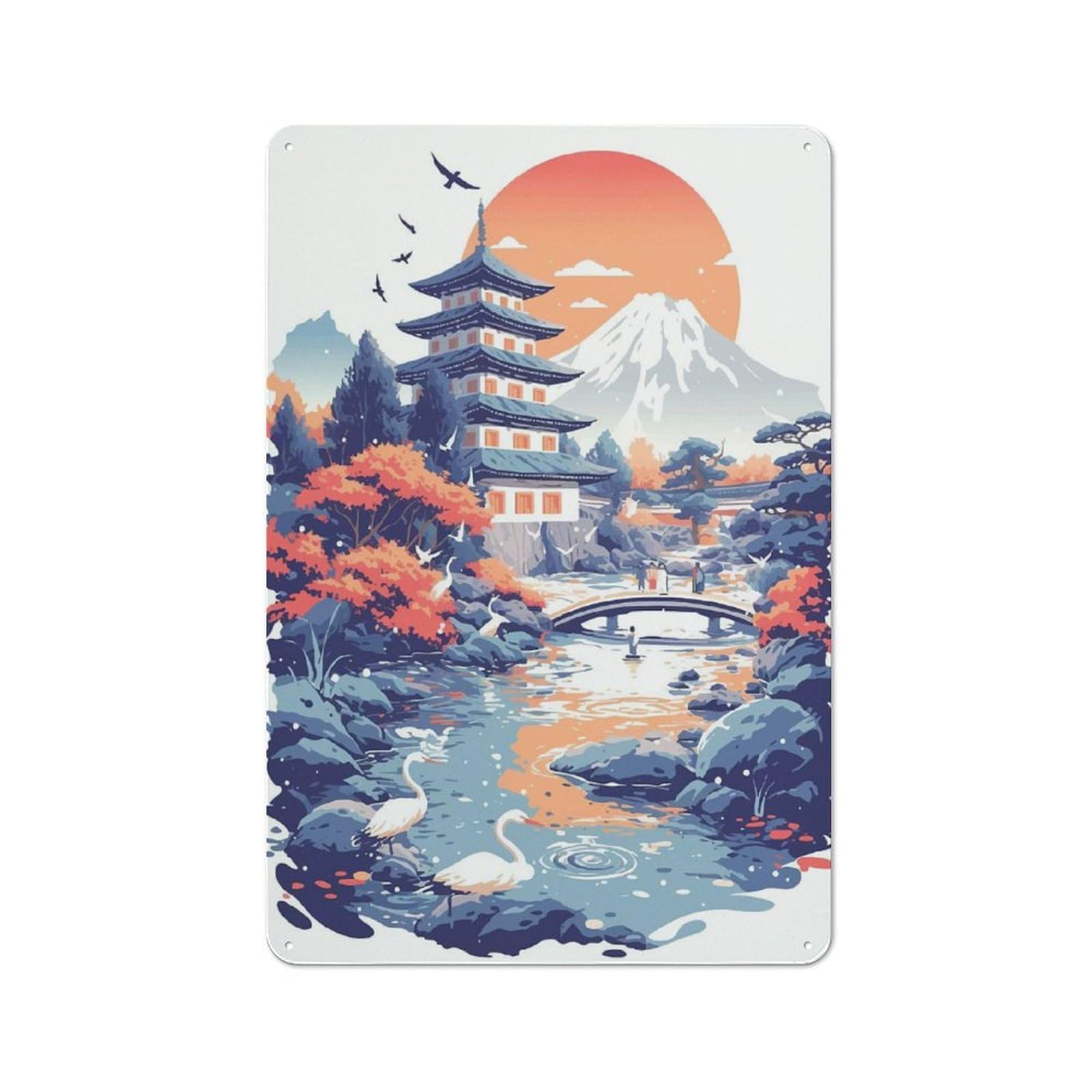 Junmoney Japanese Temple Landscape Metal Wall Sign 30X20cm Featuring For Home Bar Wall, Suited To Bar Sign Collectors