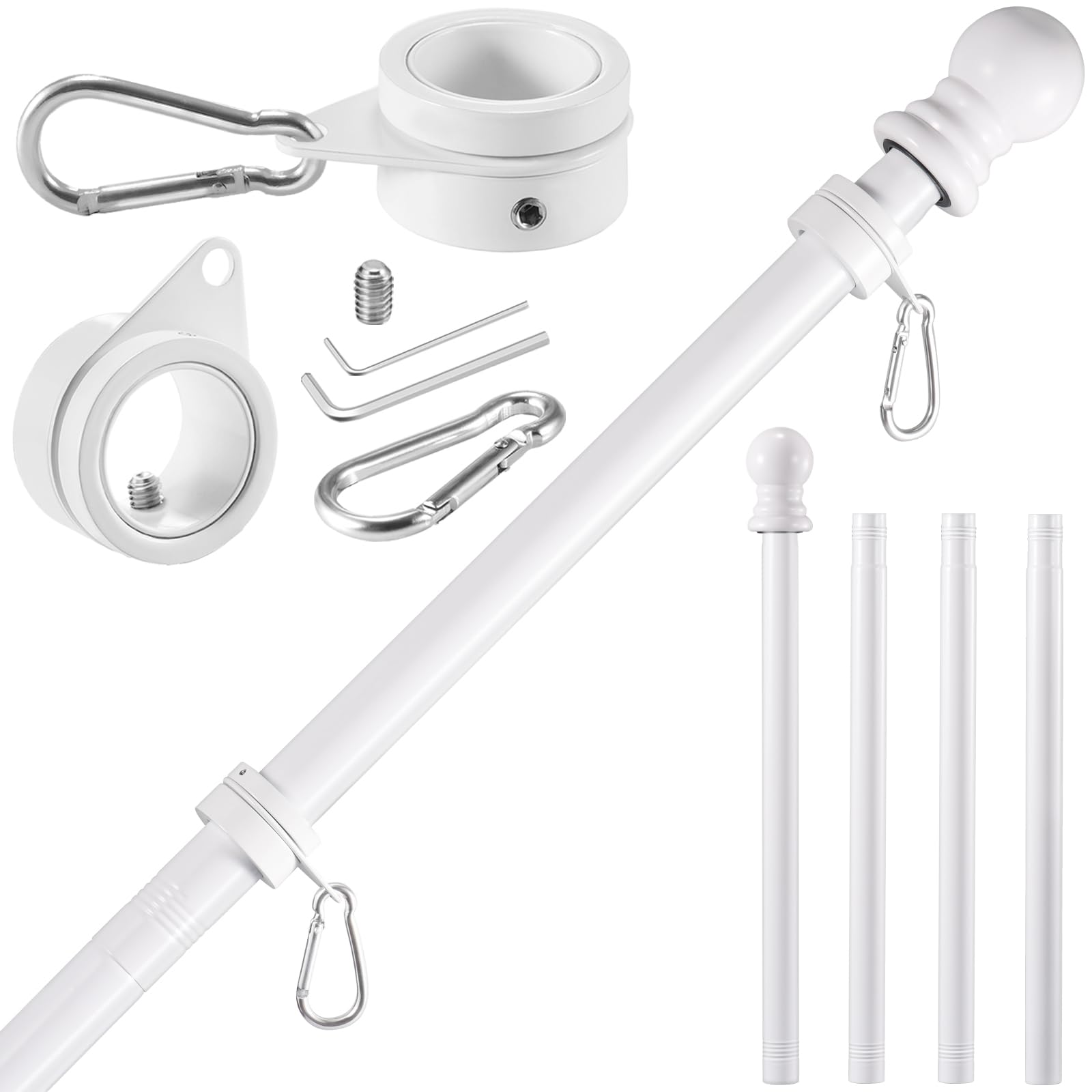 BONWIN White Flag Pole Kit for House, 5 FT Thickened Stainless Steel Outside Wall Mount Flagpole for 3x5' American Flag with 1" Tangle Free 360° Rotating Flag Pole Rings Hardware for Porch Residential — image 1