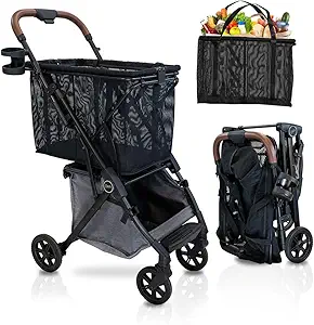 Personal Luxury Folding Shopping Cart On Premium Wheels – Ultra Lightweight Aluminum Frame – Removable Shopping Bag with Carry Strap & Lower Grocery Storage 75Lbs Capacity (Shadow v2)