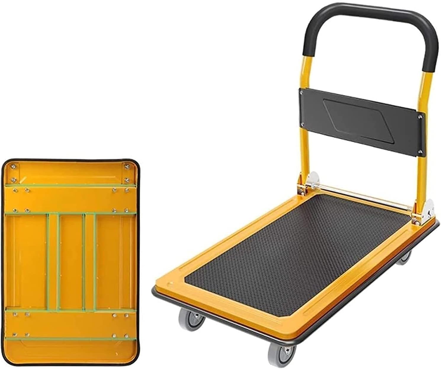 Eortzpc Carretilla de Mano Trolleys de Compras Camión de Plataforma de Acero con Flujo ergonómico Plegable Ruedas de Goma 150kg Capacidad de Carga for Oficina (Color: Amarillo, Tamaño: 52x79x69cm),Ca