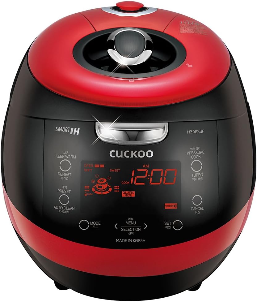 CUCKOO IH Pressure Rice Cooker 16 Menu Options: White, Brown, Porridge, Sushi, & More, LED Screen, Fuzzy Logic Tech, 26 PSI (Pressure), 6 Cups / 1.5 Quarts (Uncooked) CRP-HZ0683FR Red/Black