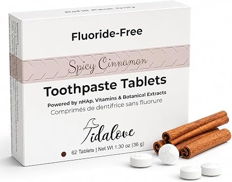Fluoride-Free Toothpaste Tablets with nHAp, Cinnamon, 62 Tabs Refill | Fluoride-free cinnamon toothpaste tablets with 5% nano hydroxyapatite; 62-count paper refill for travel and daily brushing.