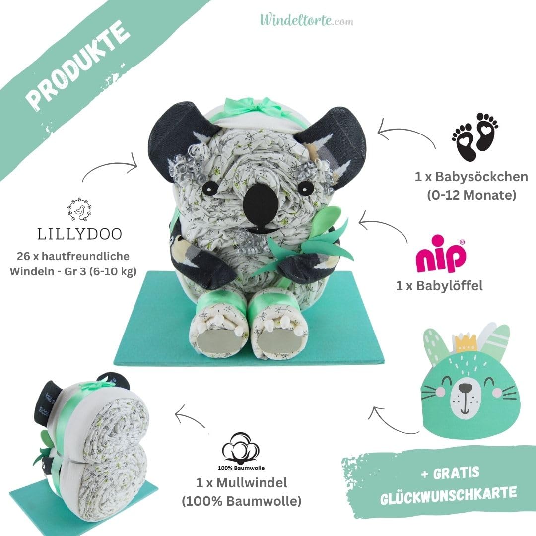 com – Koala | Windeltorte in Grün - inkl. 26 LILLYDOO Windeln | Geschenk zur Geburt | Taufgeschenk | Geschenk zur Babyparty – handgefertigt