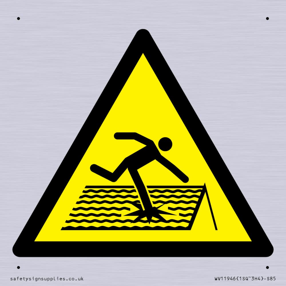 W036 Warning: Fragile roof Sign - 85x85mm - S85, Yellow/White, 85x85 mm