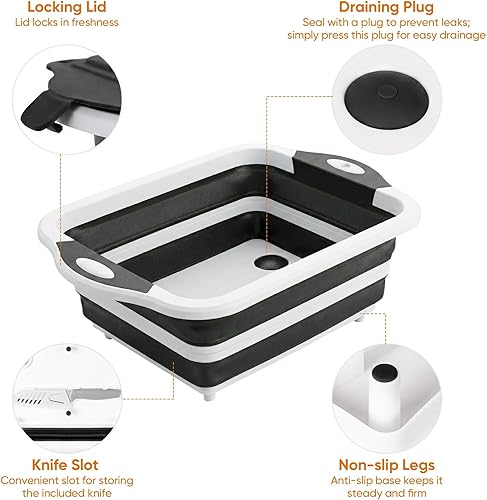 Miniatura 3 de Tina plegable para preparación de barbacoa con tapa, fregadero de campamento plegable con colador, tabla de cortar, lavabo para cocina, cuenco,