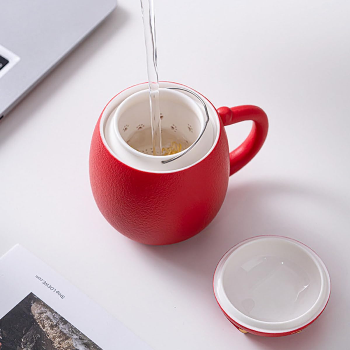Mug en Céramique 400ml avec Couvercle et Filtre Infuseur, Tasse à Thé et Lait pour Bureau et Boutique de Desserts