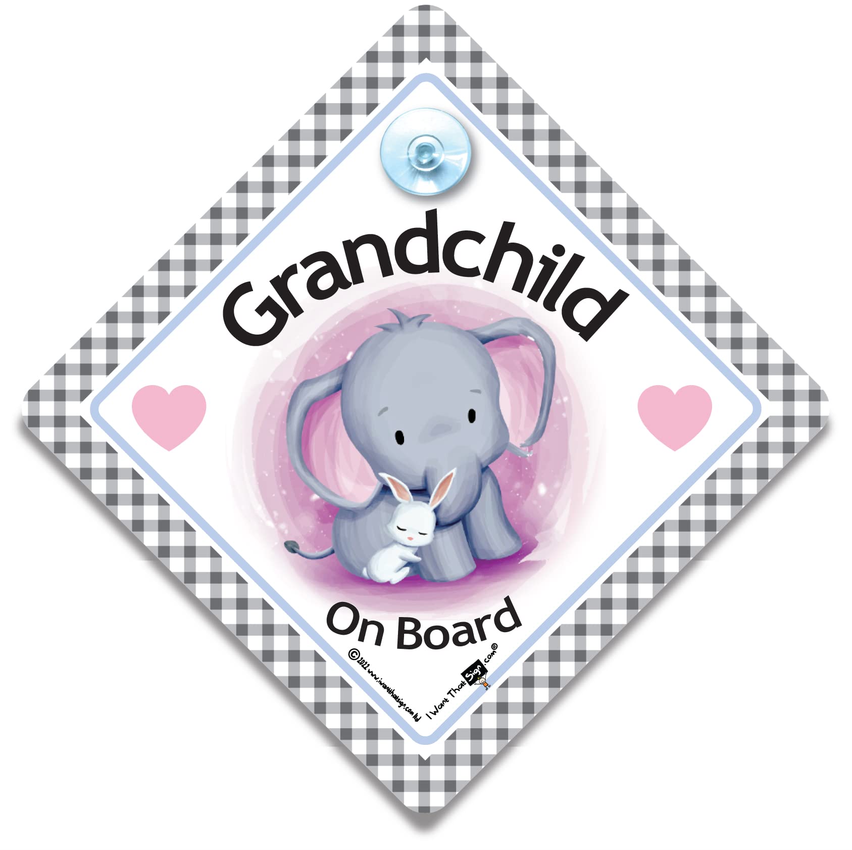 Iwantthatsign.com Grandchild On Board Car Sign, Elephant And Rabbit Grandchild On Board Sign, Baby On Board Sign With Suction Cup Attachment For Grandchildren On Board