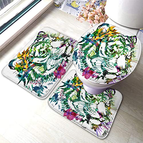Badezimmerteppich-Set, 3-teilig, Tiger, exotische Tropische Pflanze, Hintergrund, Aquarell, waschbare Badteppiche, rutschfest, mit Rückenpolster, Konturteppich und Toilettendeckelbezug