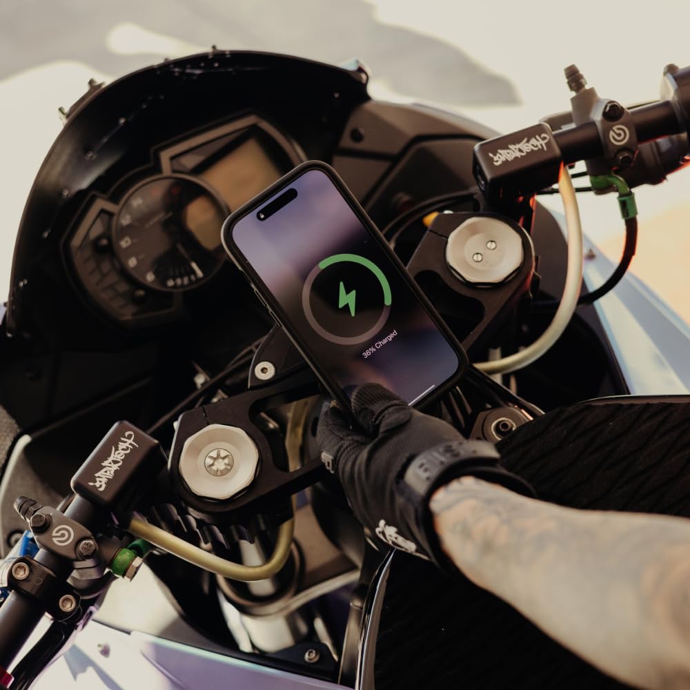 Peak Design Supporto per telefono mobile per moto, ricarica Qi2, tecnologia di montaggio SlimLink, braccio rigido, adatto per dadi dello stelo dello sterzo cavi (13-26 mm), isolatore di vibrazioni
