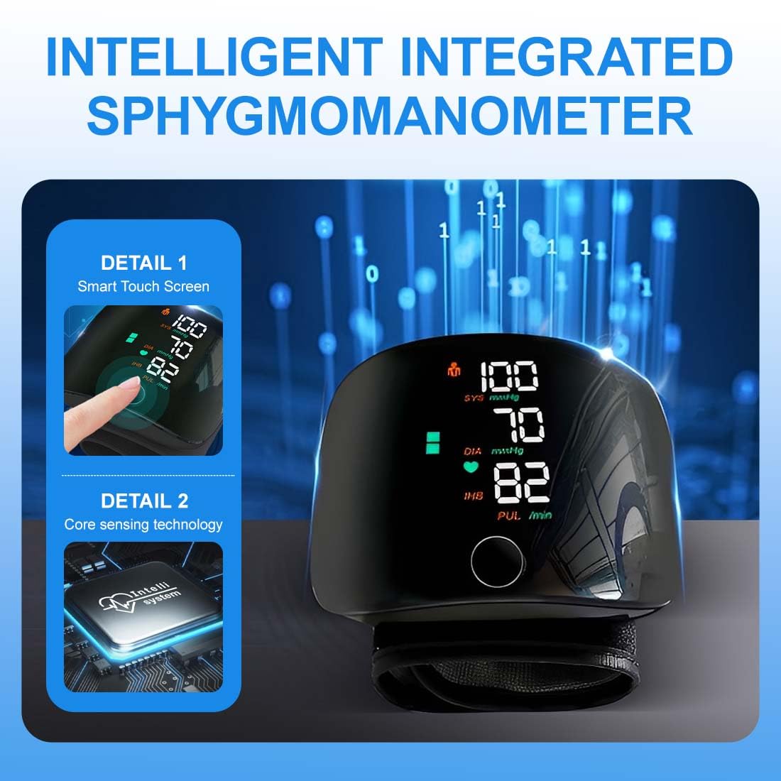 Esfingomanómetro digital portátil, esfigmomanómetro de muñeca con pantalla LCD, esfigmomanómetro automático de muñeca con memoria de lectura de 99x2, con salida de voz automática en inglés.