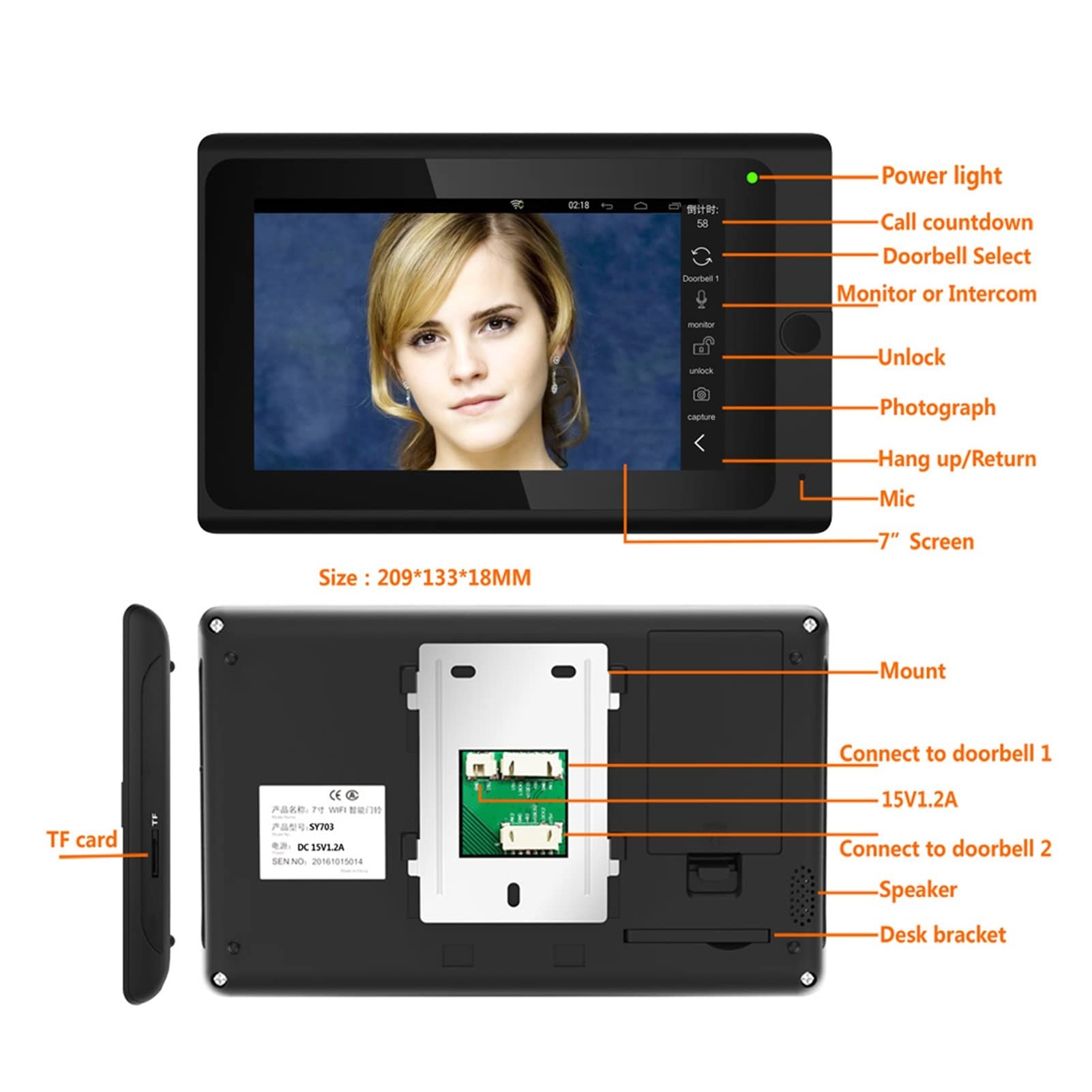 Videoportero con cámara de alta definición, 7 pulgadas 2 monitores inalámbricos WIFI Sistema de entrada de la puerta de la puerta del teléfono de la puerta del video con el cableado HD 1080p Visión no