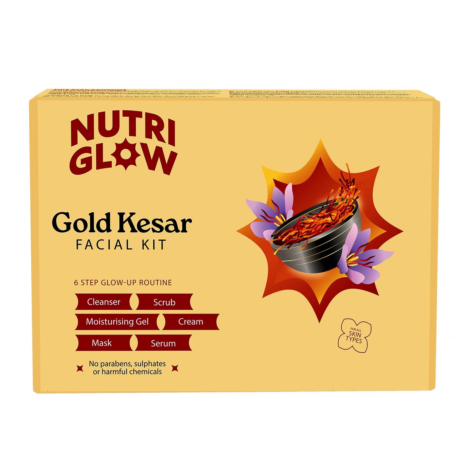 NutriGlow Gold Kesar Facial Kit for Glowing Skin, 6-Step Facial Kit for Women, With Turmeric & Saffron Extracts, At-Home facial, 250g + 10ml