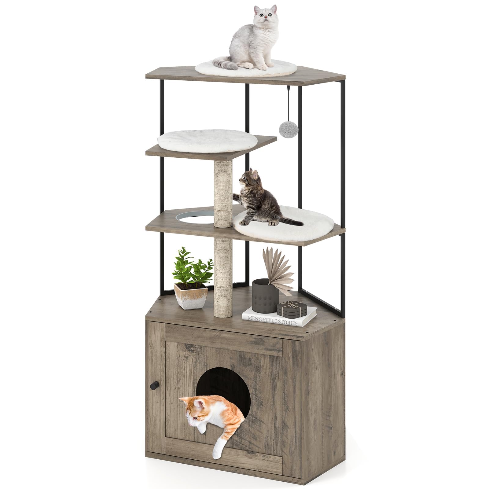 COSTWAY Kratzbaum mit Katzenklo Schrank, Katzenschrank für Katzentoilette, Katzenhaus Holz, Katzenkratzbaum mit Sisalpfosten, Plattformen, Katzenloch & Matten, Katzenbaum Katzenmöbel Katzen, Braun