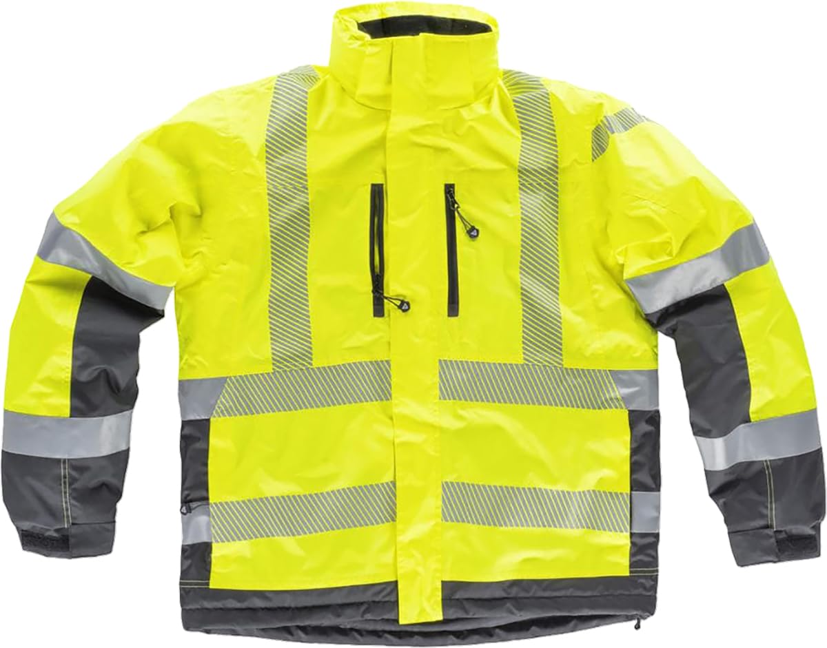WORKTEAM Parka Acolchada Alta Visibilidad, Cintas Reflectantes Segmentadas, Cuello Alto con Capucha Ajustable, impermeable Clase 2, Unisex