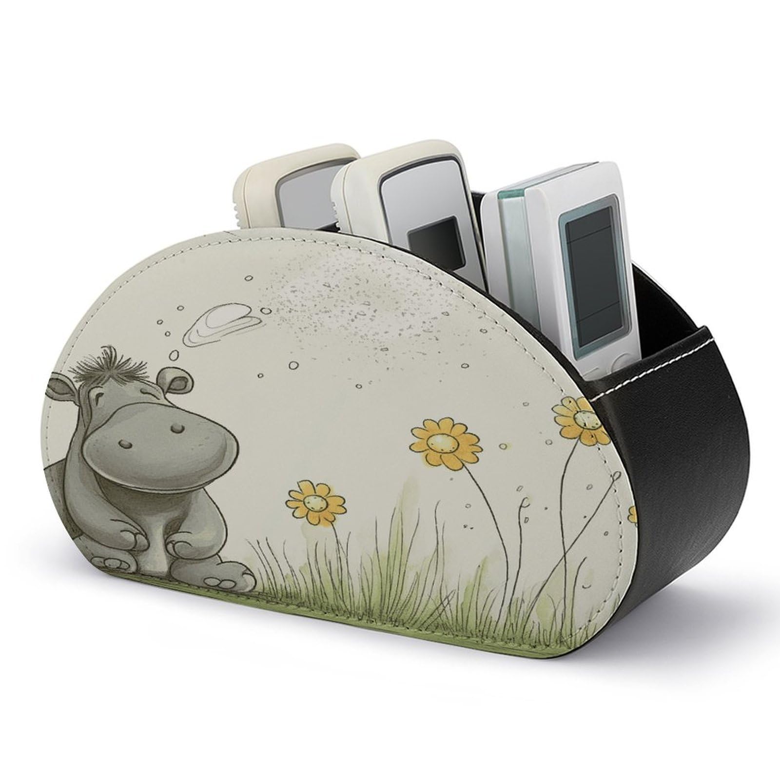 LZQPOEAS Hippo And Dandelion Remote Control Holder with 5 Compartments PU Leather Remote Organizer Box Caddy for Table Nightstand Remote Caddy Desktop Organizer Fits Media Controllers