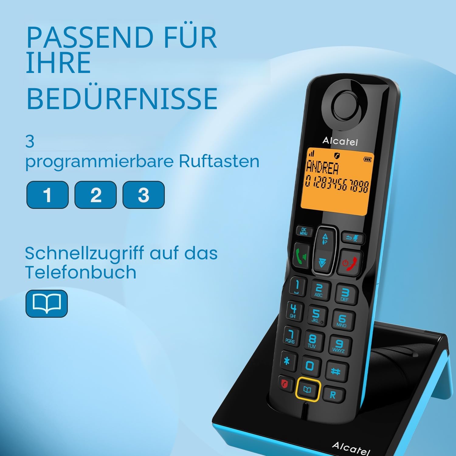 Alcatel S280 Schwarz und Blau, Freisprecheinrichtung, Anrufsperre, Telefonbuch mit 50 Namen und Nummern