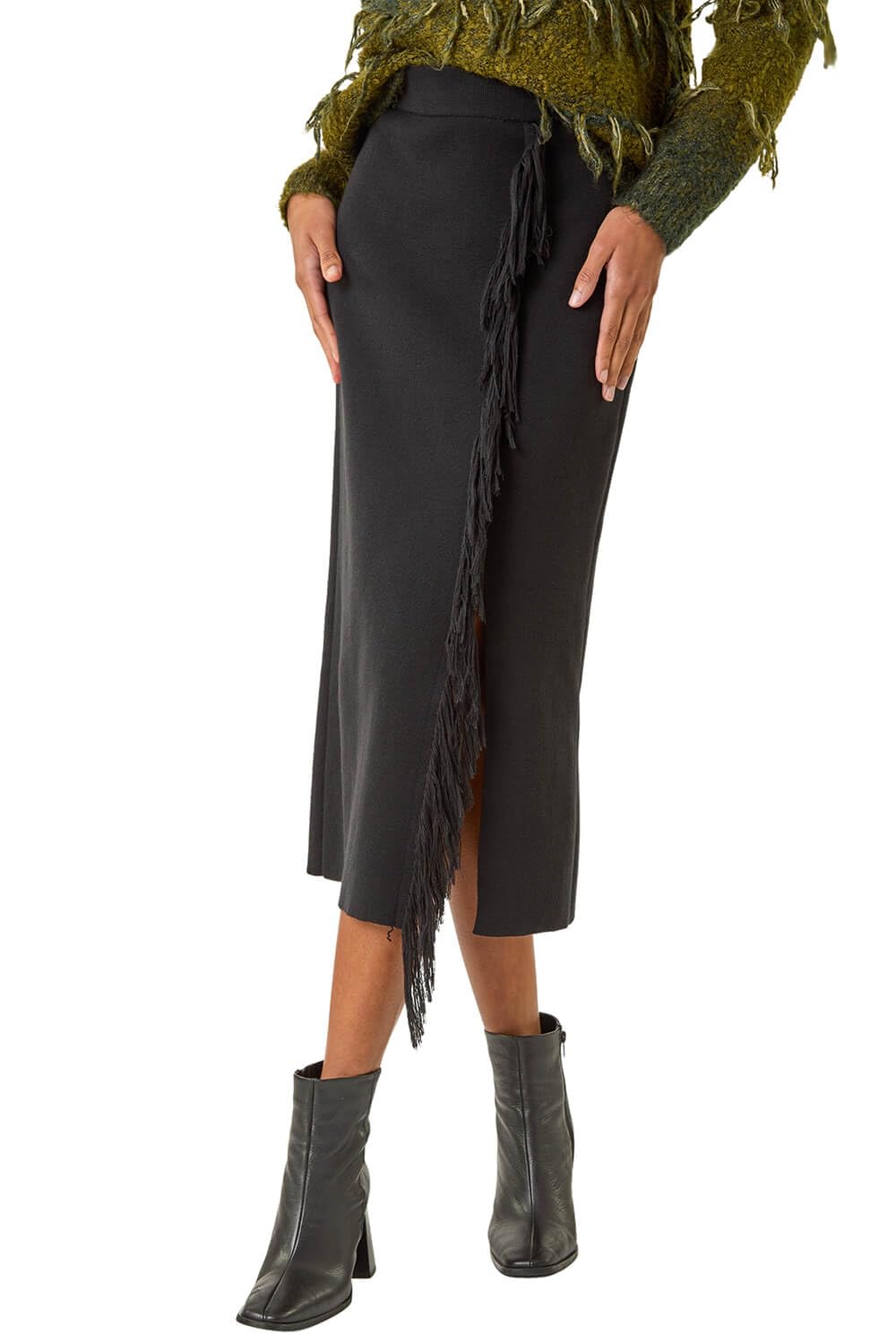 Roman Fringe Side Knit Midi Pencil Skirt - Black - Size 16