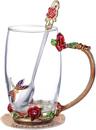 Juego de tazas de té de vidrio para mujer, bonito regalo para mamá, Día de la Madre, taza de café transparente, taza de té con cuchara de acero, el