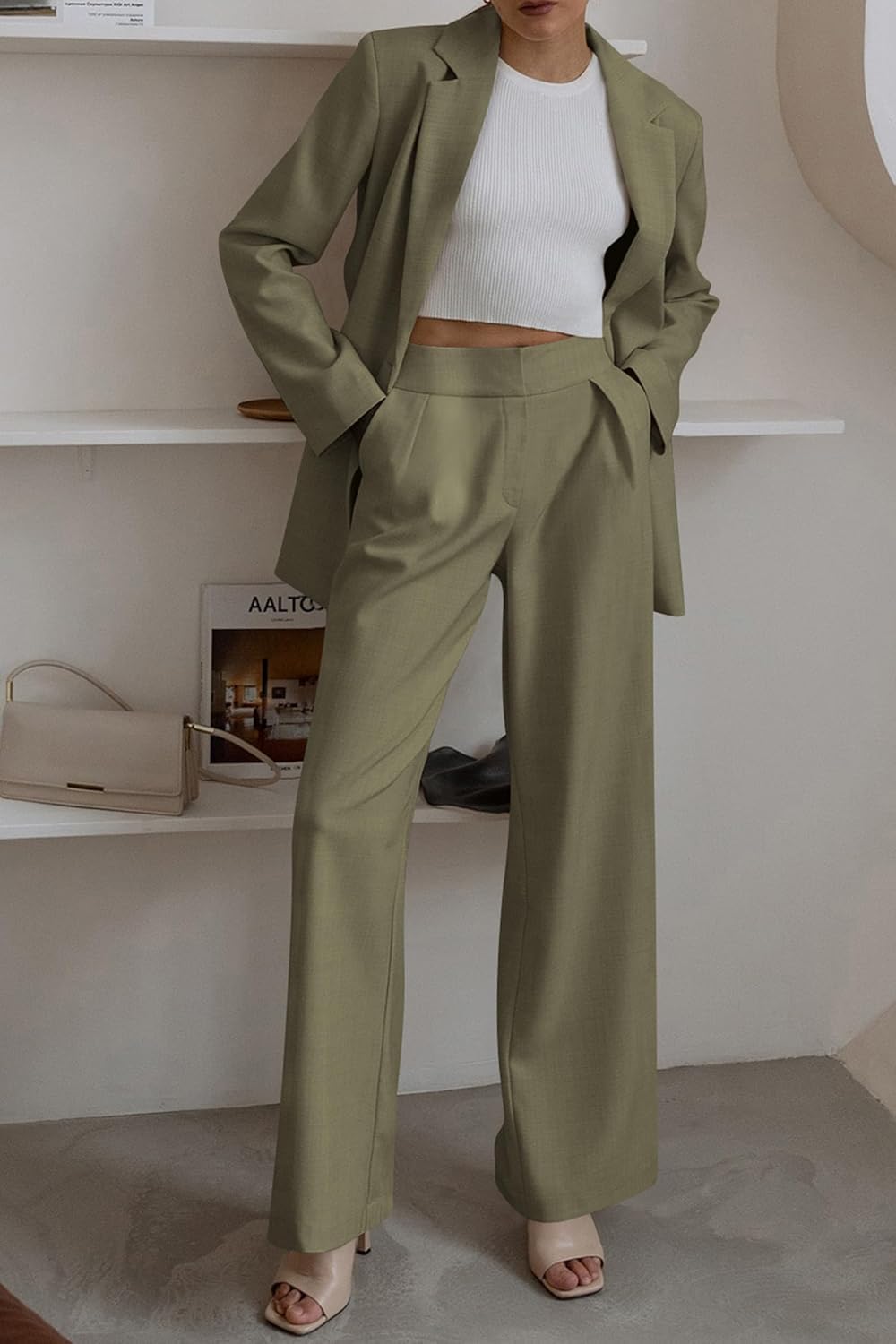 Damen Herbst Zweiteilige Outfits Blazer Jacke und Weite Hosen Taschen Business Casual Anzug Sets