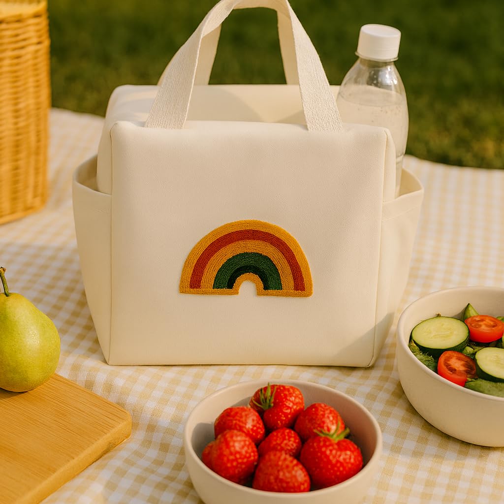 Urban Nest Borsa Pranzo e Borsa Termica Isolata in Tela con Ricamo Arcobaleno (8L), Grande Capacità per Bambini e Adulti, per Scuola, Ufficio, Picnic e Viaggi