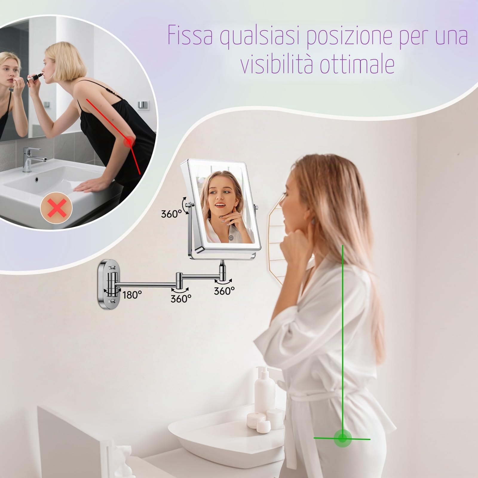 FASCINATE Specchio cosmetico ricaricabile con ingrandimento 1X/10X, 3 luci dimmerabili, touch screen, girevole 360°, montaggio a parete, specchio per il trucco