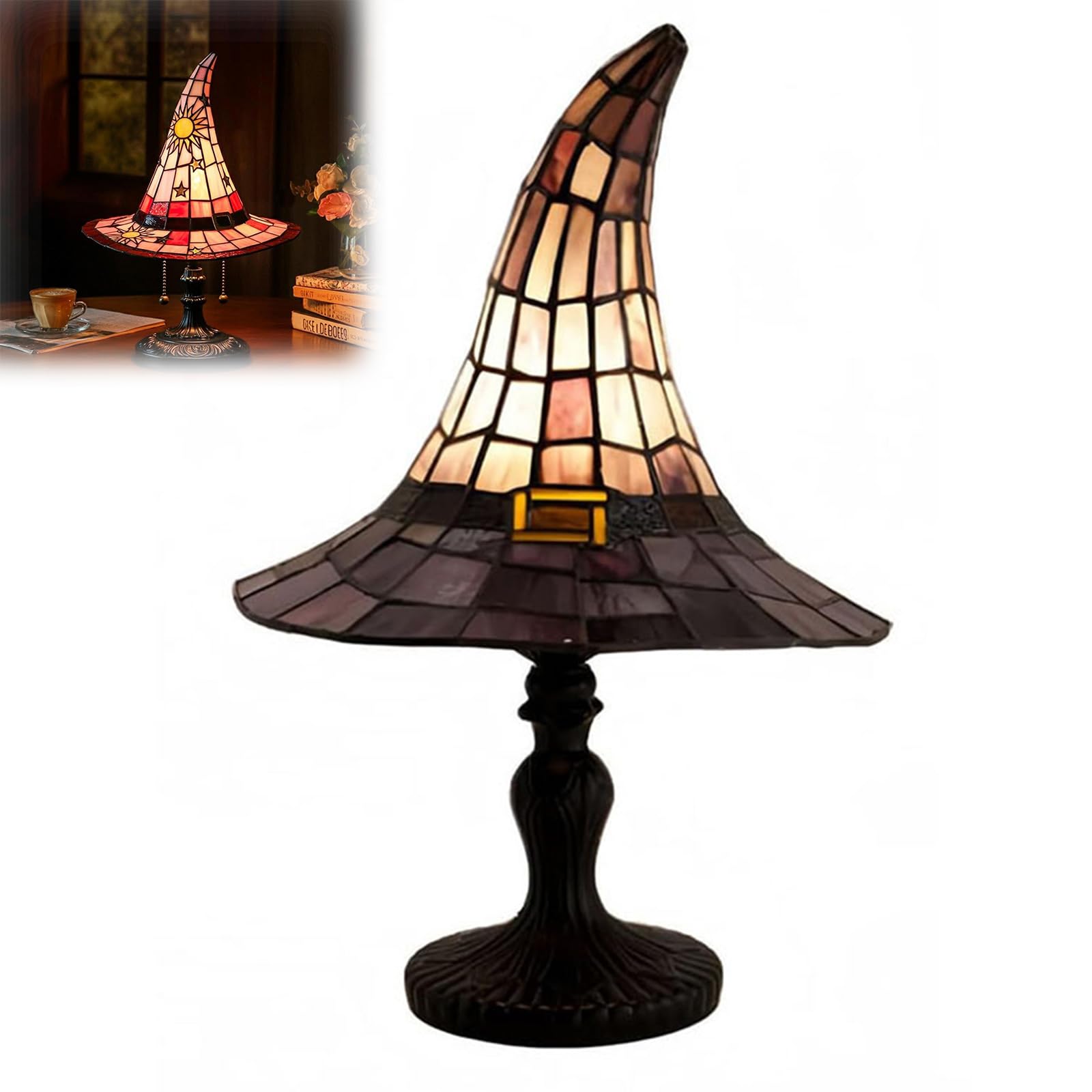 DR.AF Witch Hat Lamp, Handcrafted Retro Resin Witches Hat Lamp with USB Cable, Gothic Wizard Night Light, Halloween Decor Accent Witch Lamp for Bedroom, Bookshelf, Desk & UK Home Back