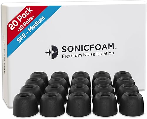 SONICFOAM Puntas para auriculares de espuma viscoelástica, aislamiento de ruido premium, puntas de espuma de repuesto, paquete de 20 unidades para