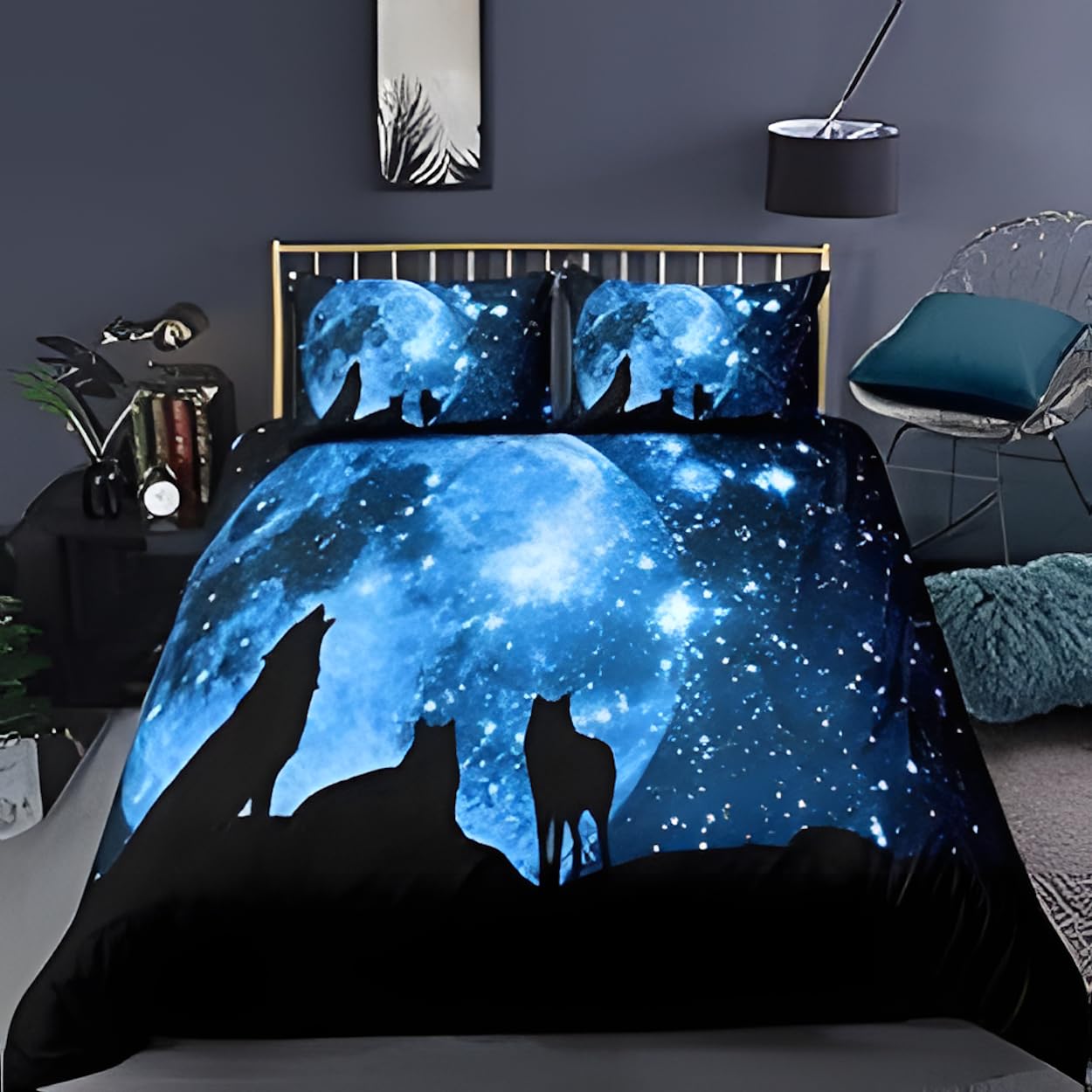 Qiwagu Moon and Stars Queen Size Duvet Cover, Reversible Galactic Wolf Quilt Cover with 2 Pillowcases, Z34