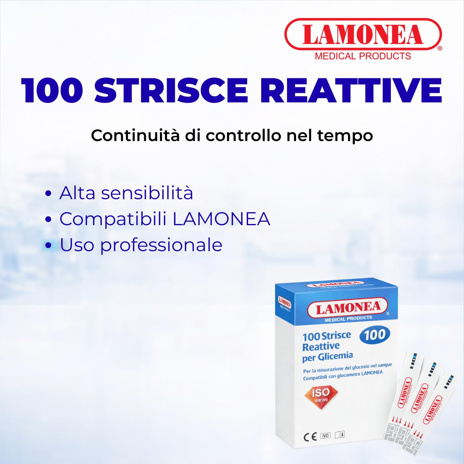 100 Strisce Reattive per Glicemia, Certificate CE - Strisce per Misurazione del Glucosio nel Sangue Intero, Compatibili con Glucometro LAMONEA, Dispositivo Medico IVD (Strisce Reattive)