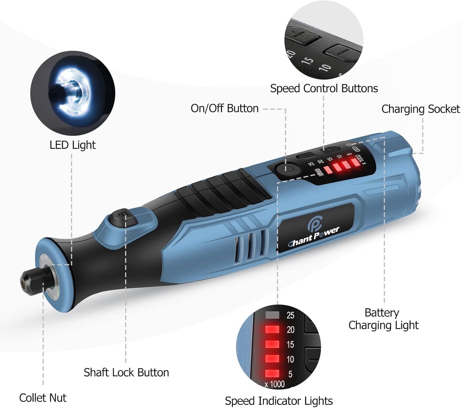 C P CHANTPOWER Cordless Rotary Tool, 8V Rotary Tool with 2.0 Ah Li-ion Battery, 5-Speed, 4 Front LED Lights and 60pcs Accessories Kit for Carving, Engraving, Sanding, Polishing and Cutting