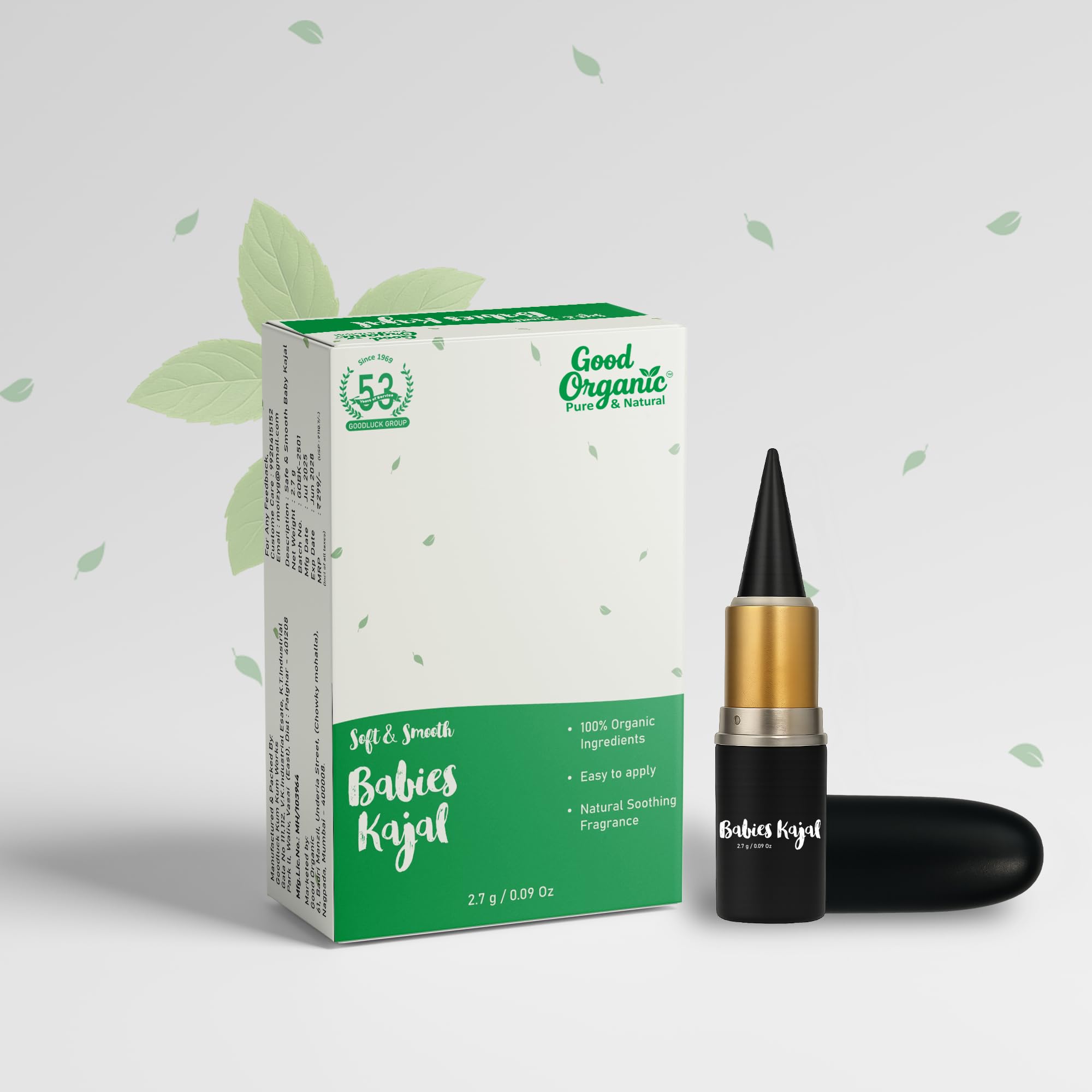 GoodOrganic Baby Kajal – 2.7g | Gentle & Soothing Eye Kohl for Babies | Made with Natural Ingredients | Safe for Daily Use (Pack of 2)