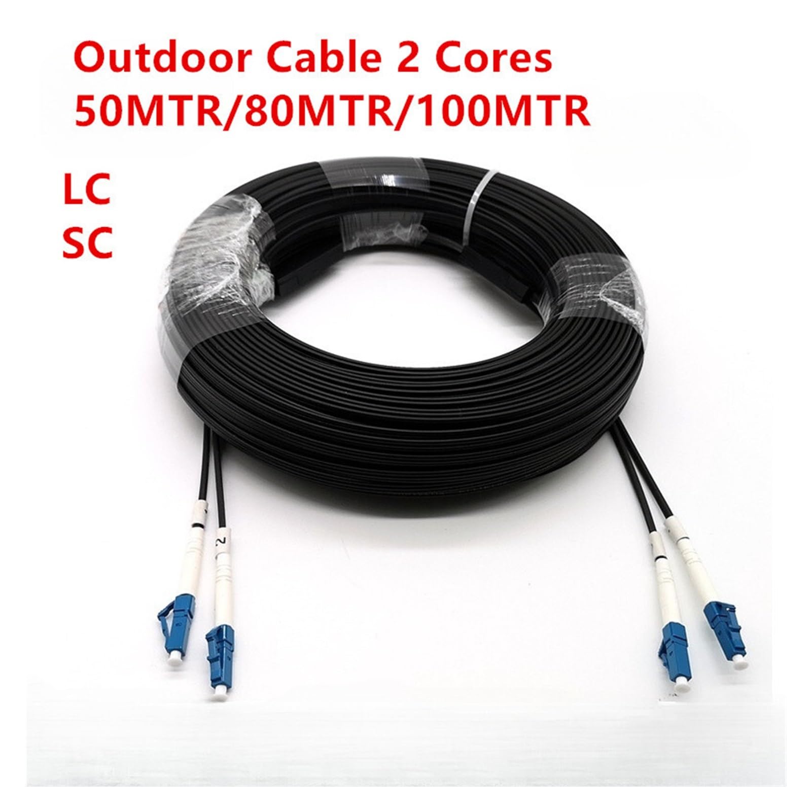 Câble de raccordement à fibre optique pour extérieur, 50 m, 80 m, 100 m, duplex FTTH, 2 noyaux, pont de câble de connexion à fibre optique avec connecteur LC SC UPC (LC-LC 50 mètres)