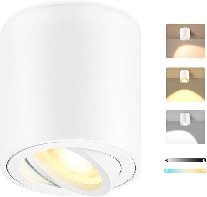 GeyouLux Opbouwspot, dimbaar, Ø 80 x 84 mm, plafondspot, draaibaar, 30 graden, incl. vervangbaar 5 W, lamp, plafondlamp, spot, 3000 K/4000 K/6500 K, aluminium, rond, led-spot, downlight (wit)