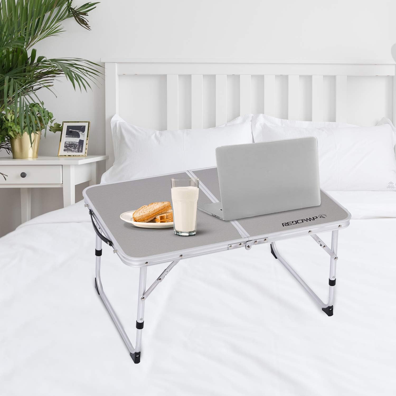 REDCAMP Foldable Laptop Table for Bed, Lightweight Small Laptop Desk Bed Tray for Adults Eating Picnic and Writing, Silvery 9.8”/11.9” Adjustable Height