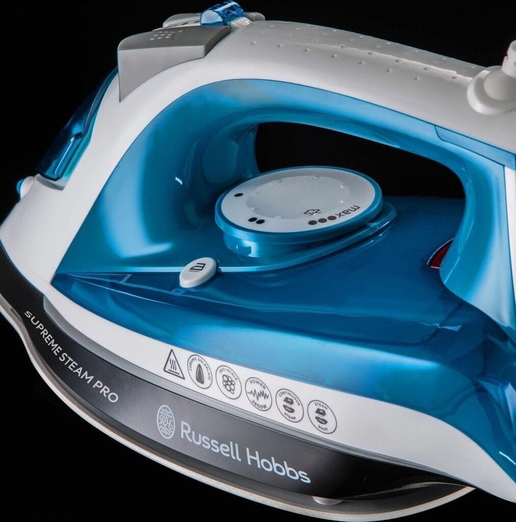 Russell Hobbs Supreme Steam Pro - Plancha de Ropa de Vapor (2600 W, Suela de Cerámica, Azul y Blanco) - ref. 23971-56