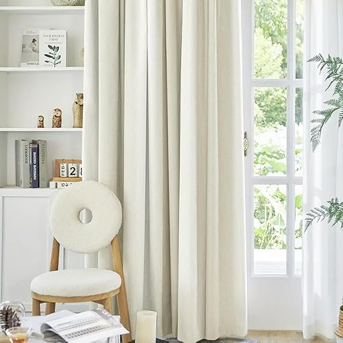 Miniatura 7 de Cortinas opacas de lino marfil natural de 63 pulgadas de largo para dormitorio, cortinas de lino de arpillera con forro blanco aislado térmico, que