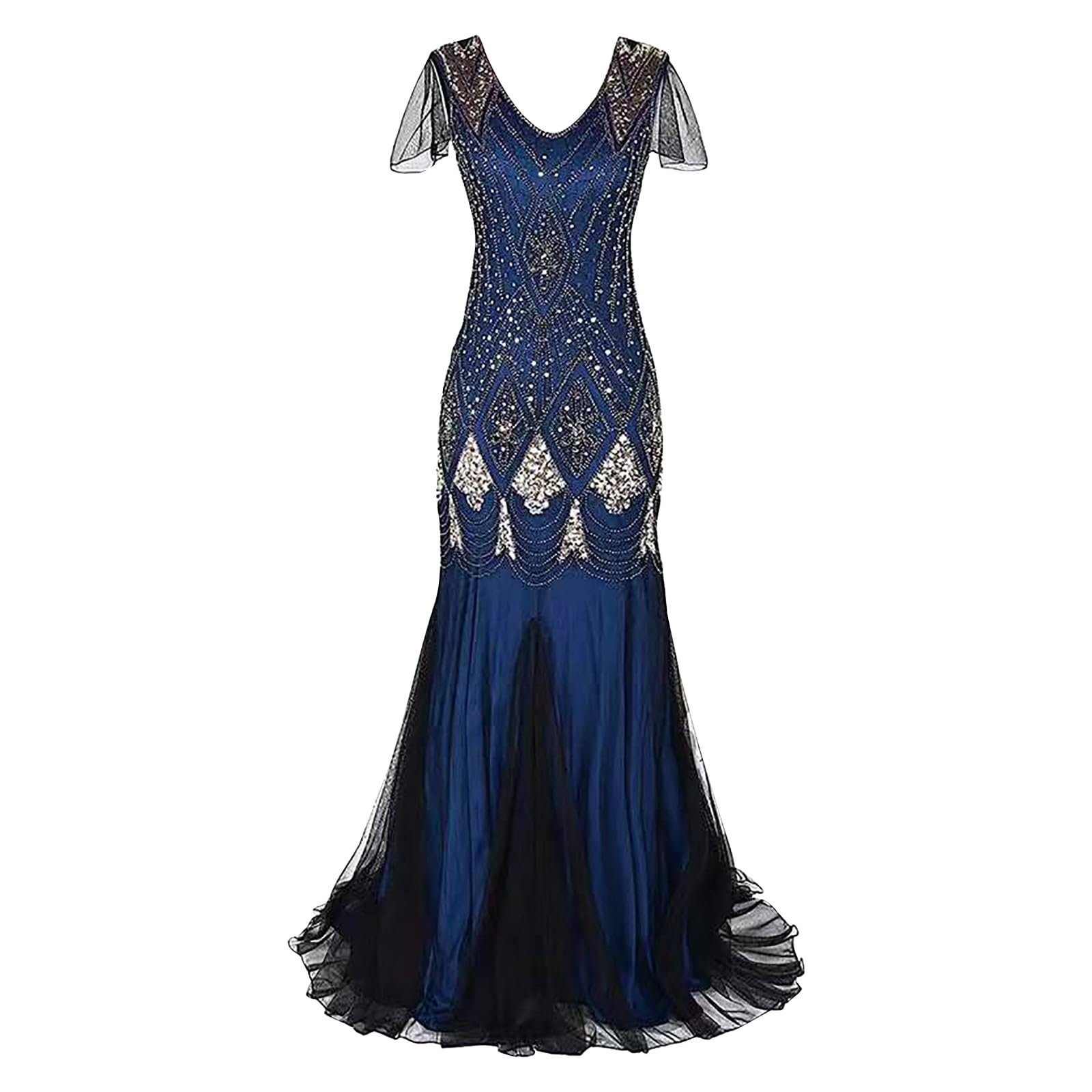 Abito da sera da donna anni '20, con scollo a V, con paillettes, con frange, retrò, lungo, con brillantini, sexy, a maniche lunghe, per cocktail, feste, matrimoni