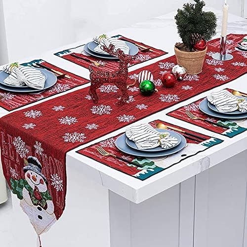 PLCatis Christmas Table Runner 33*183cm Xmas Table Runner Red Cozy Christmas Decorations Table Embroidered Snowman Snowflake Pattern Dining Table Decoration for Christmas Decor 1-Pack