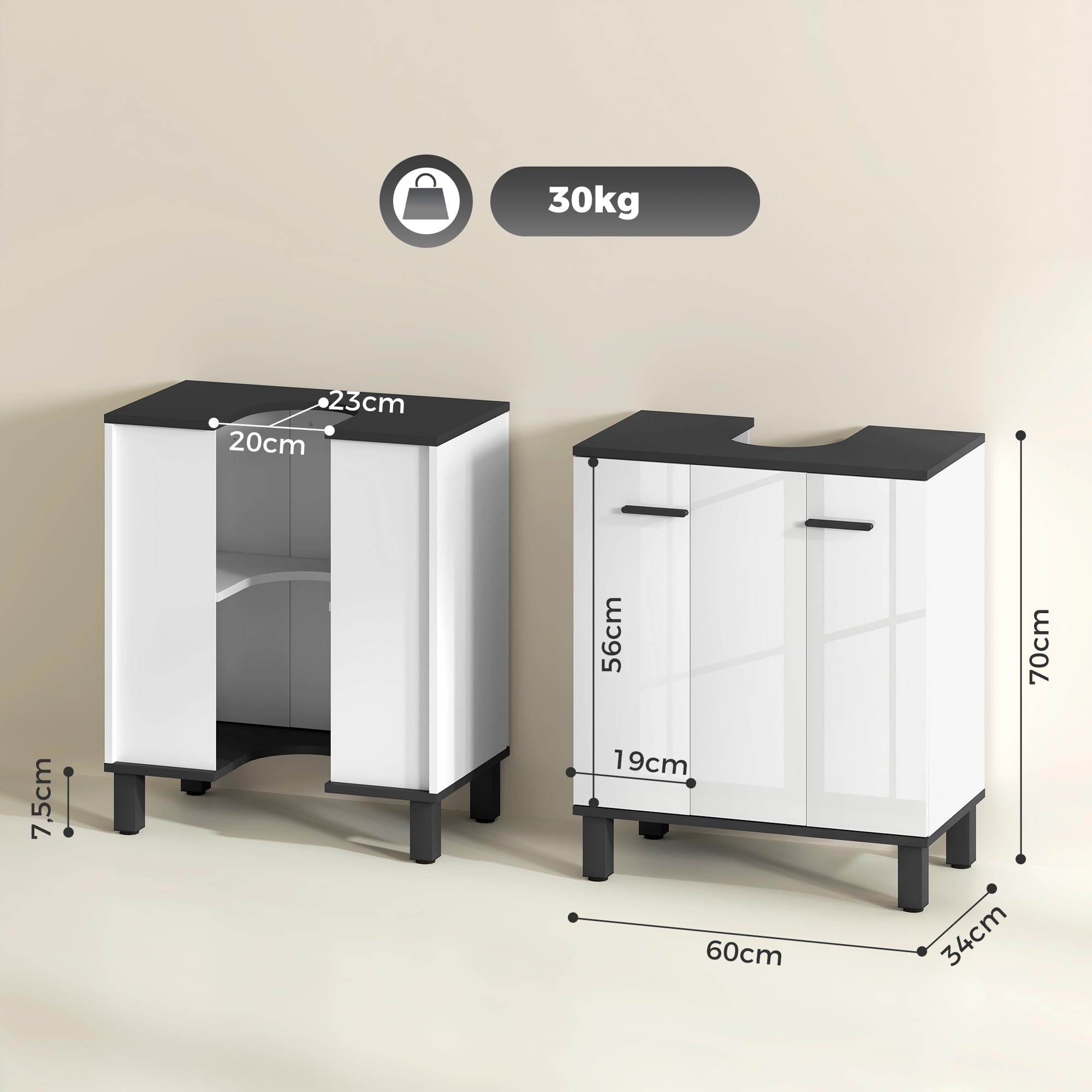 HOMCOM Mueble Bajo Lavabo, Mueble de Baño Compacto con Estante Ajustable, 2 Puertas, Estilo Moderno, para Lavabo con o sin Pedestal, 60x34x70 cm, Blanco Brillo