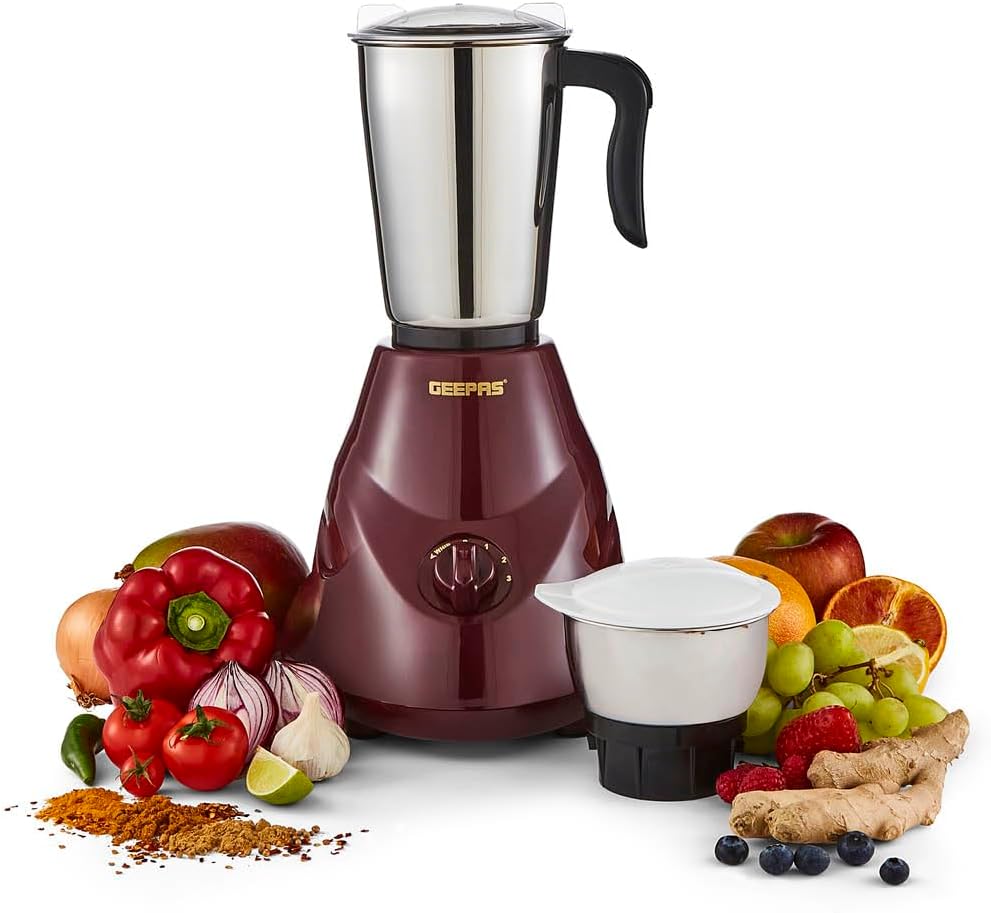 GEEPAS 550W 2-in-1 Mixer Grinder | Stainless Steel Jars & Blades | 3 Speed Control, Perfect for Chutney, Dry & Wet Fine Grinding Mixing | Overload Protection | Powerful Motor | 2 Year Warranty, Maroon