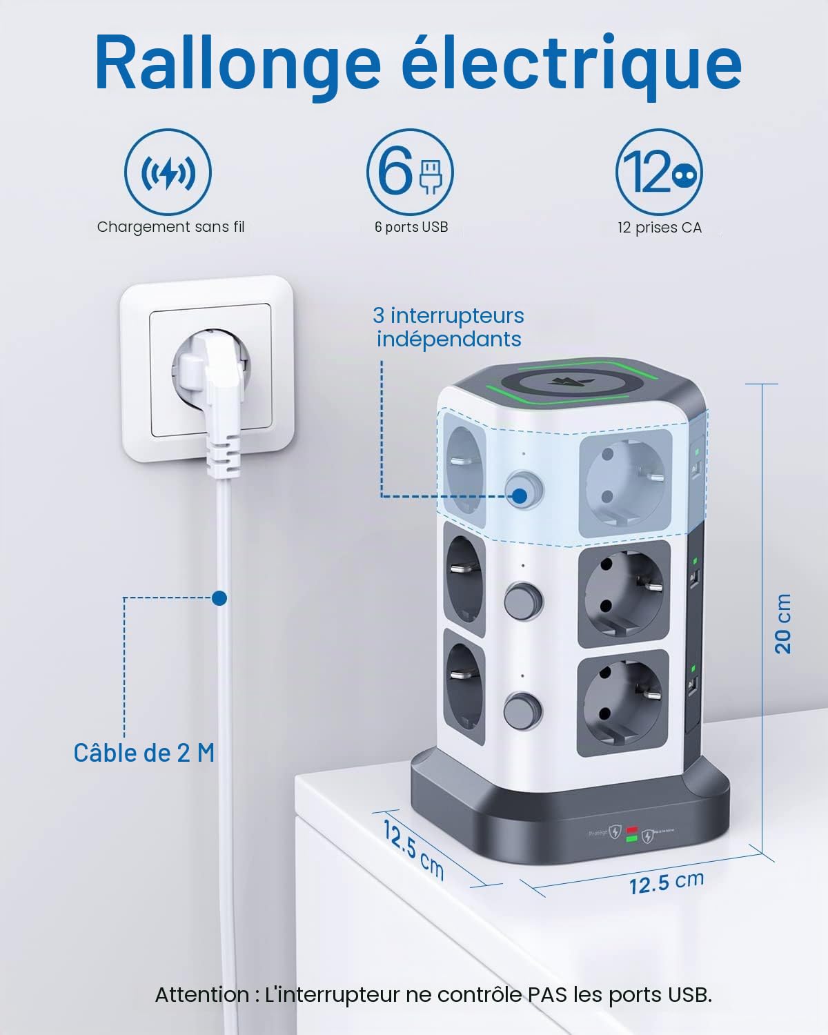 KOOSLA Tour Multiprise Chargeur Induction, 12 Prises, 2M, Gris | 12 Prises, Chargeur Sans Fil 15W, 6 USB, Parafoudre 1500J, Câble 2M, Bureau, Salon