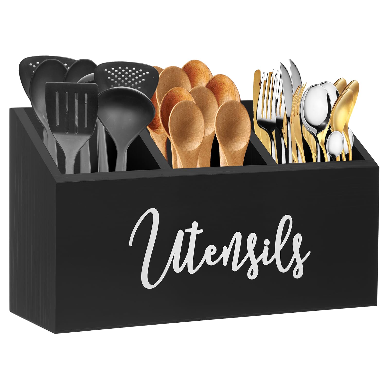 Cbwerbb Black Kitchen Utensils Holder, Wooden Cooking Utensil Organizer With 3 Compartment,Farmhouse Cutlery Caddy Cooking Tools Storage Fork Spoon Container For Countertop