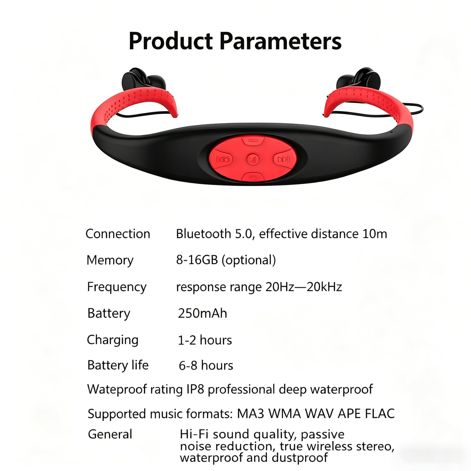 Longben Écouteurs intra-auriculaires pour la natation, le sport, Bluetooth, étanches, radio FM, lecteur MP3, ultra léger, rouge