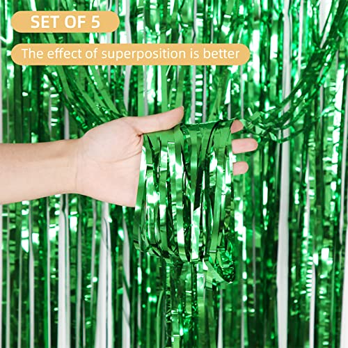 Image of 5 Pack Green Fringe Backdrop 3.2ft x 8.2ft Foil Curtain Tinsel Fringe Curtains Backdrop Streamers for Birthday Party Decoration Wedding Christmas Decoration