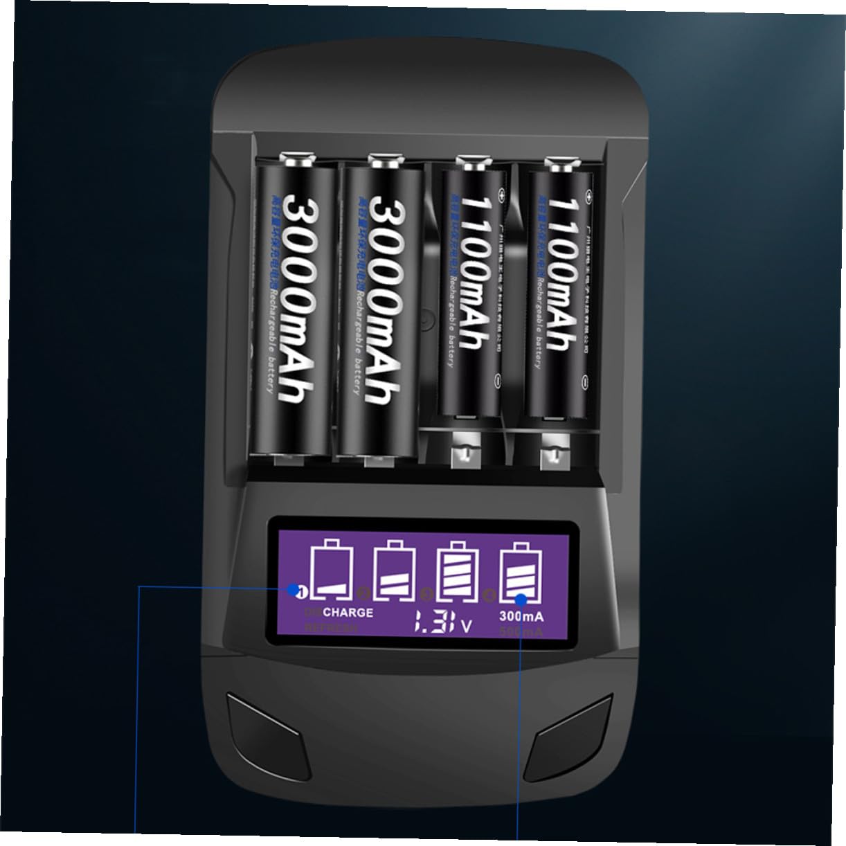 Cargador de Batería Inteligente LCD USB de 4 Ranuras | Abs Negro, 300mah 500mah 2000mah, Cable USB Incluido, Uso Doméstico y Función Multifunción